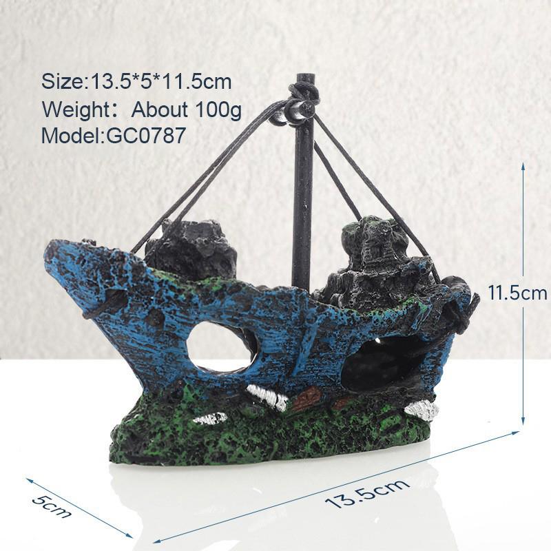 Fishing Boat Wreckag Retro Aquarium Fish Tank Landscape Wreck Ship Decoration Hollow Cave Mini Resin Boat Ornament Accessories