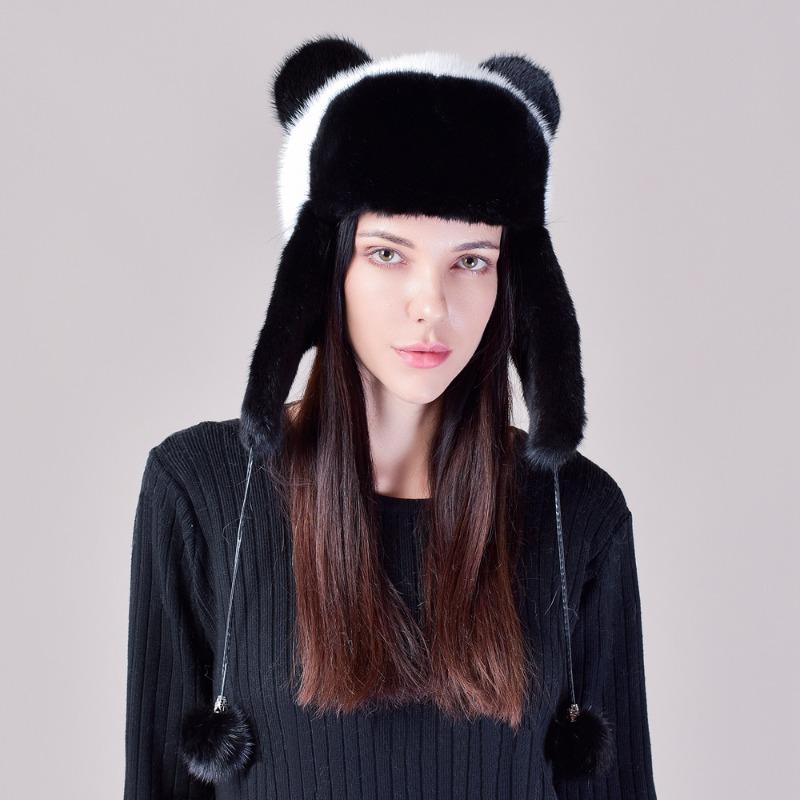 

Новая норковая шапка из цельной кожи с милой защитой ушей, зимняя теплая шапка для девочки с помпоном из норкового меха