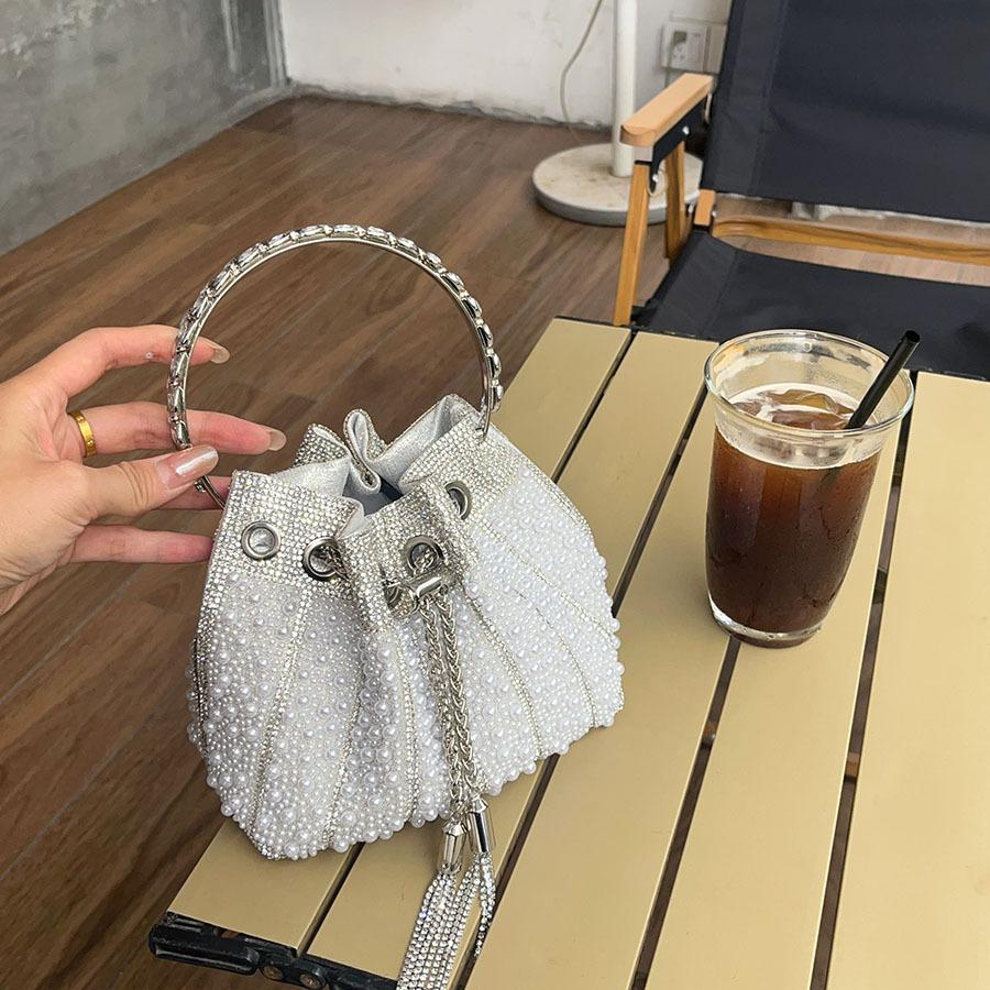 Luxus-Perlen-Eimer-Tasche Mode Kordelzug Party Abendtaschen für Damen Designer-Handtaschen und Geldbörsen Runder Griff Hochzeits-Clutch