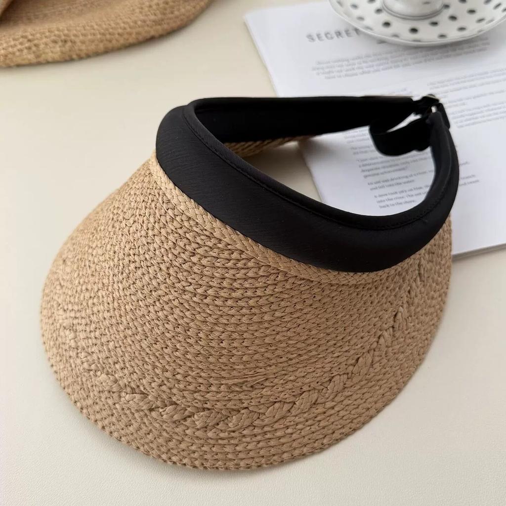 Imitation Lafite Empty Top Sunscreen Straw Hat Summer Women'S Big Eaves Casual Versatile Headband Sun Hat Ropless Holiday Hat