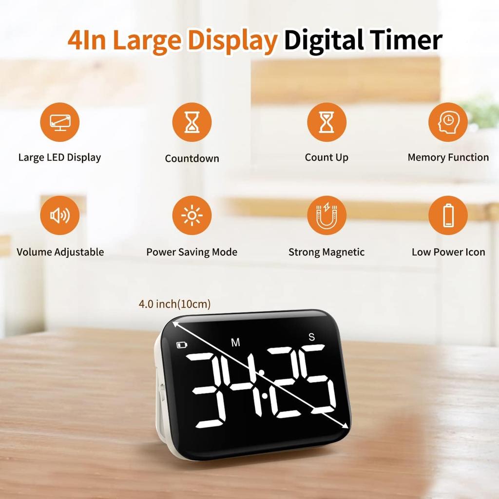 Kitchen & Classroom Timer with Strong Magnet, Digital Countdown/Up, Large Display with Adjustable Brightness & Sound Easy to Use
