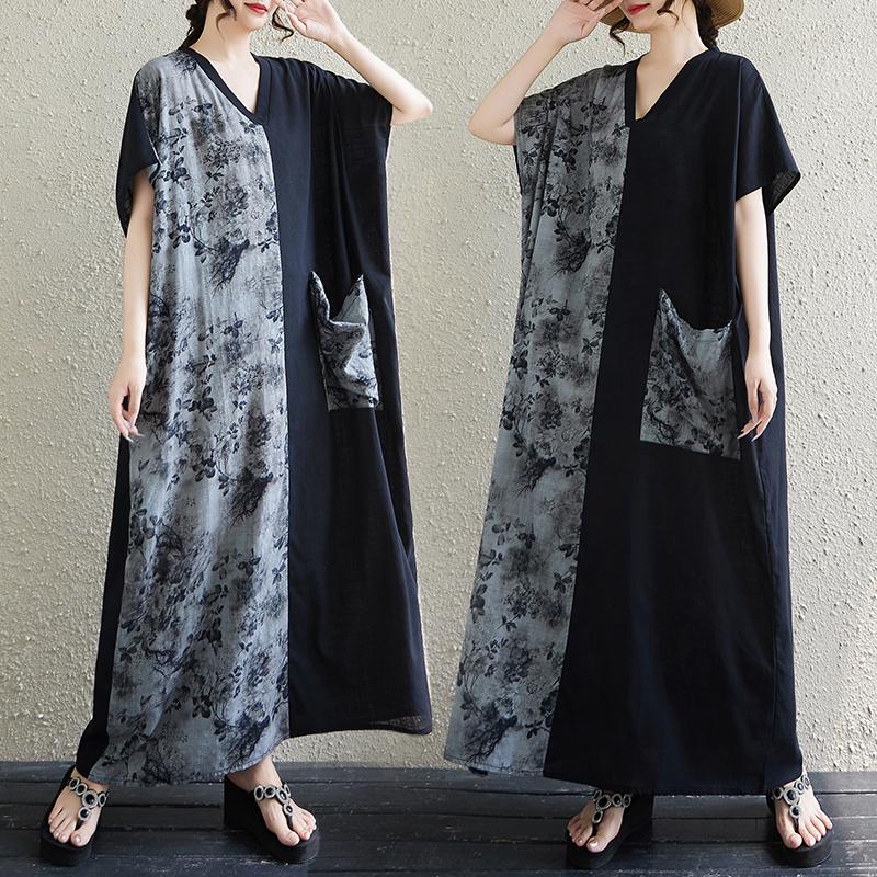 DIMANAF 2025 Women Plus Size V-Neck Summer Dress Printing Casual Basic Short Sleeve Dress Loose Long Dress