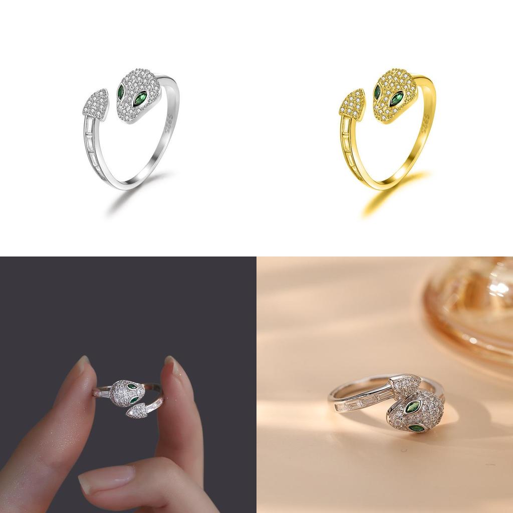 Snake Copper Fashionable Ring For Women Adjustable Size Intricate Rhinestone Embellishments Green Eyes