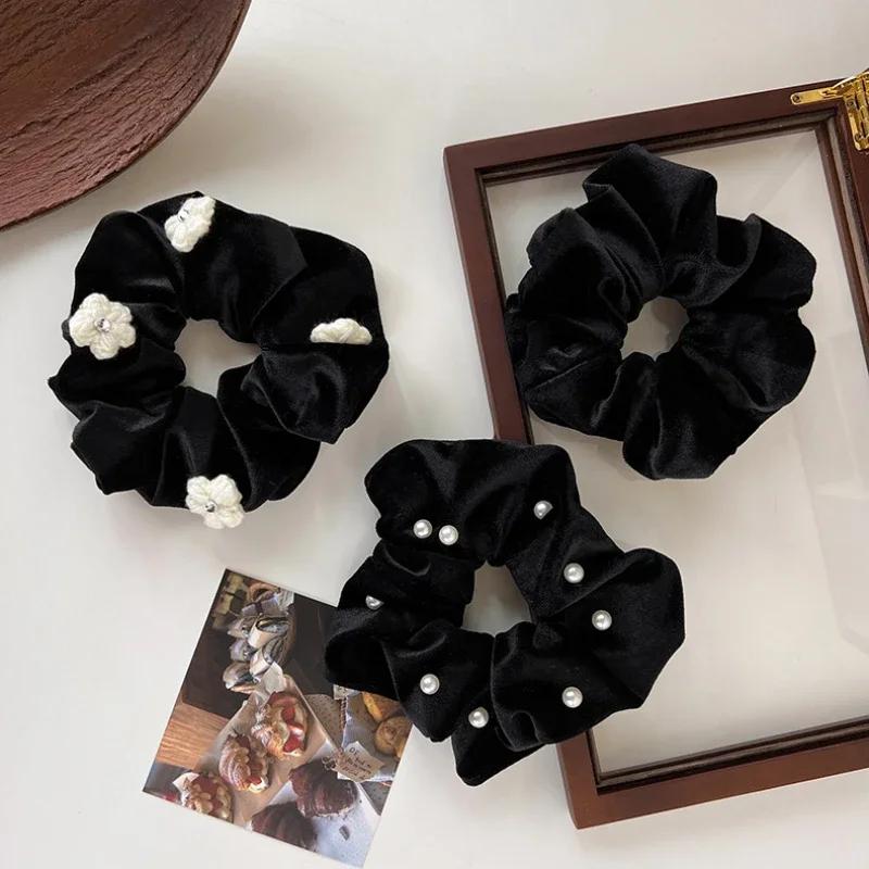 Retro Black Velvet Pearl Rope Hair Headband Flowers Hairband For Woman Temperament Hair Ties Rubber Band Female Hair Accessories