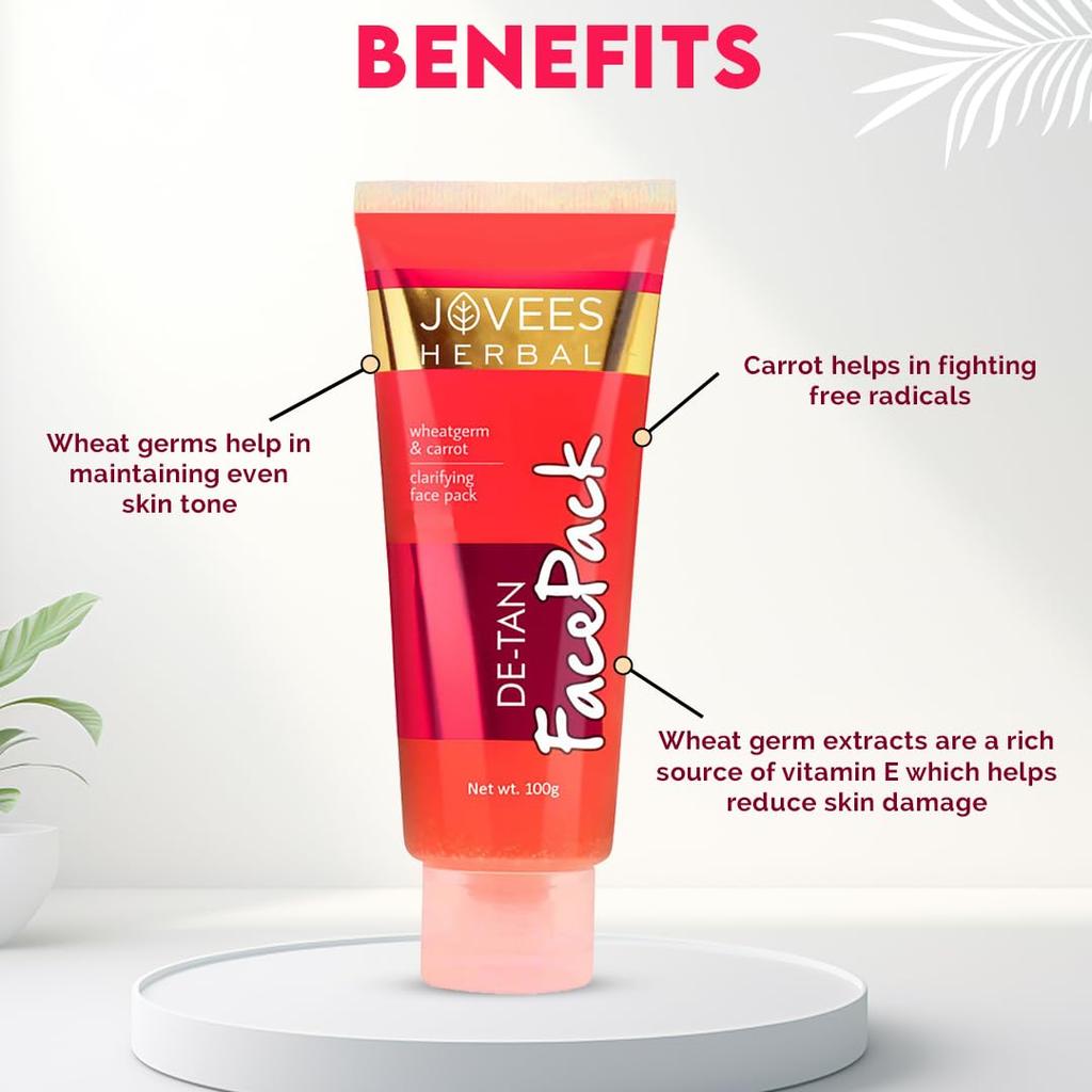 Jovees Herbal De-Tan Face Pack 100gm For Tan Removal, Skin Revitalization, Complexion Brightening And Hydrating Glow | Alcohol Free Paraben Free