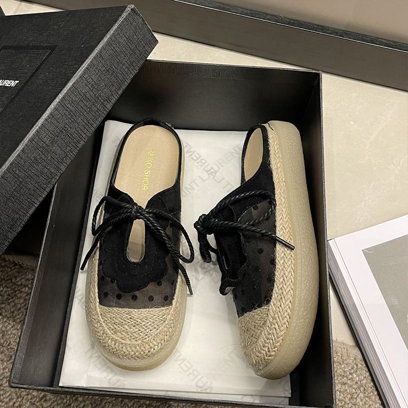 Mesh Bag Head Slippers Women's Summer Wear New Flat-bottomed Sandals Versatile Straw Woven Fisherman Shoes Half Drag