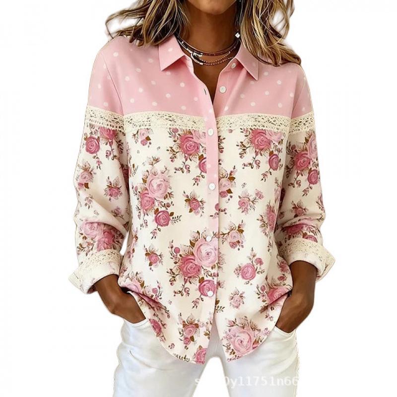 Women's Long-Sleeve Pink Floral Plaid Shirt - 3D Print Versatile Top