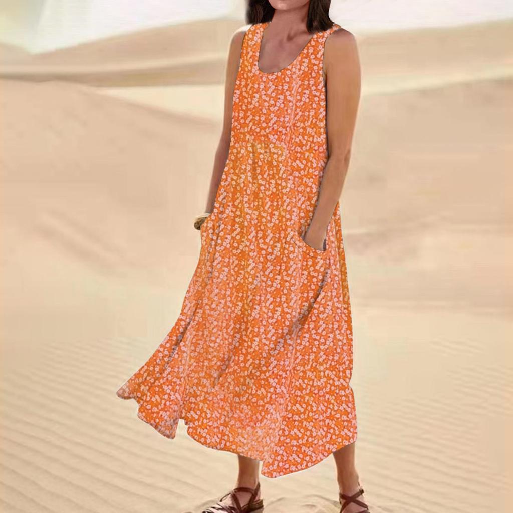 Women's Summer Round Neck Printed Sleeveless Large Swing Dress With Pockets