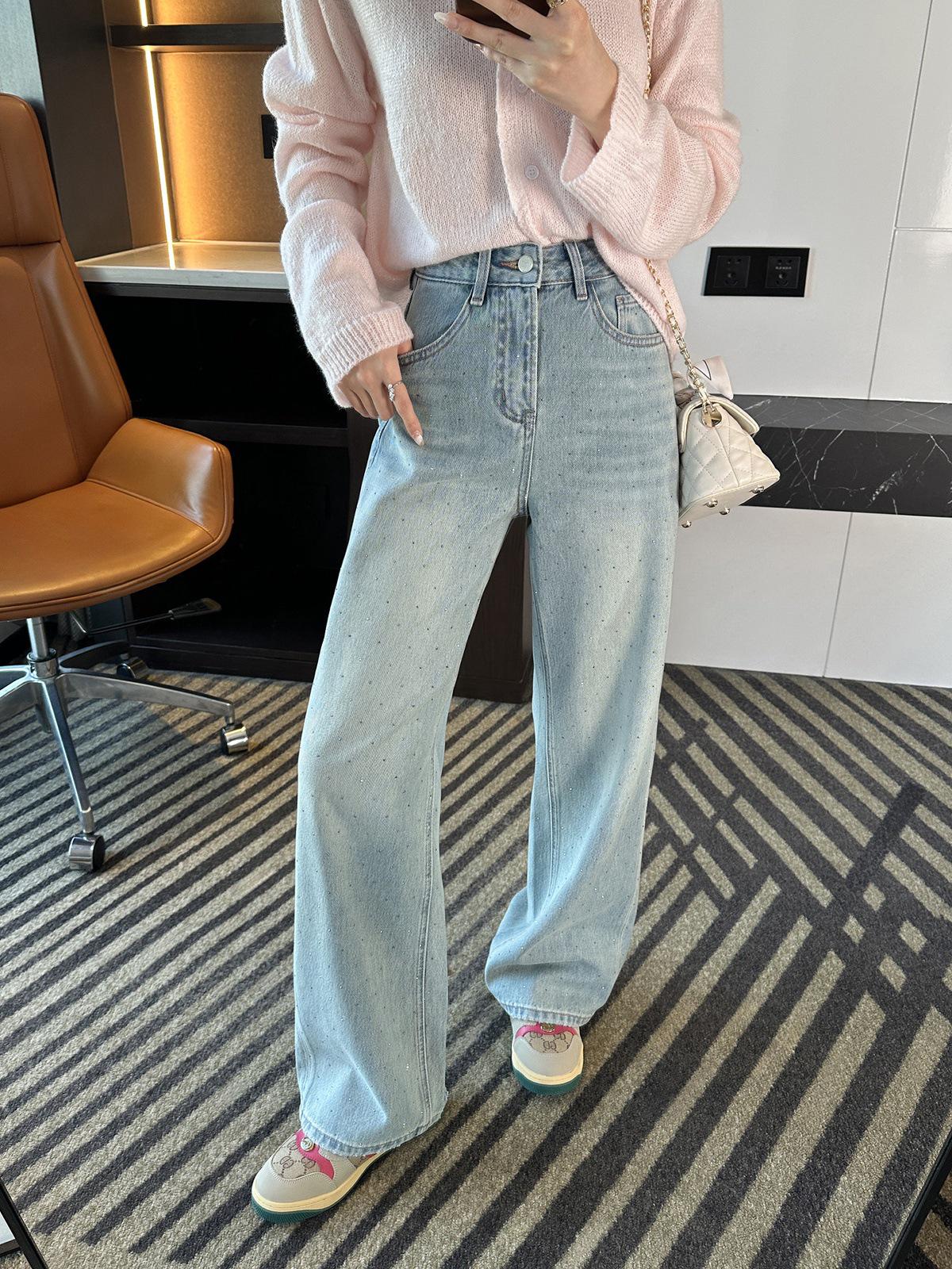 

Dazzling Sequin Front Women s 2026 Wide-Leg Light Blue Jeans M (Recommended 105-115 jin) светло-синий