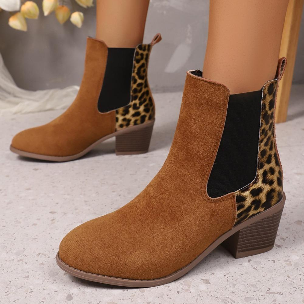 Leopard Winter Sexy Women Ankle Boots Autumnwinter Female Short Zip Chelsea Boots Retro Round Toe Square Heel Size 36-43