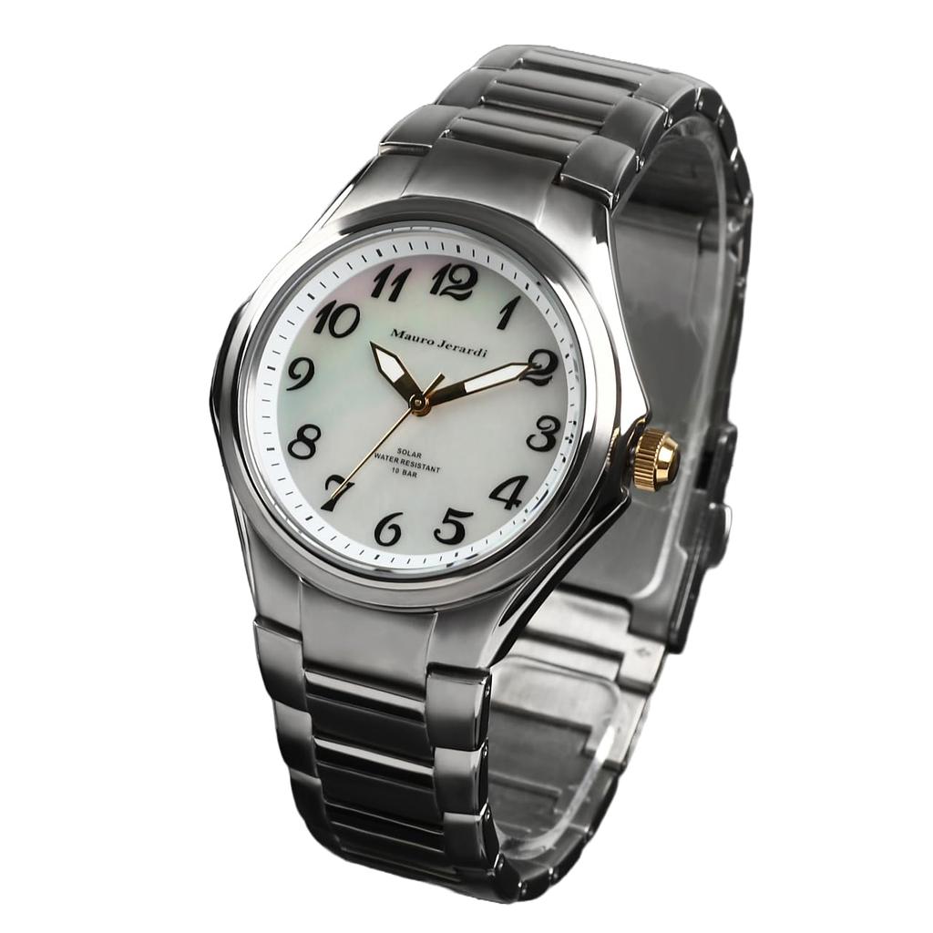MAURO JERARDI MJ040-4 Women's Titanium Solar Watch, Lightweight, White Mother-of-Pearl Dial, 10 ATM Water Resistant
