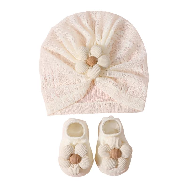 Elastic Infant Turban Hat Breathable Fetal Caps & Matching Socks Set Stylish Girls Clothing Accessories for Baby