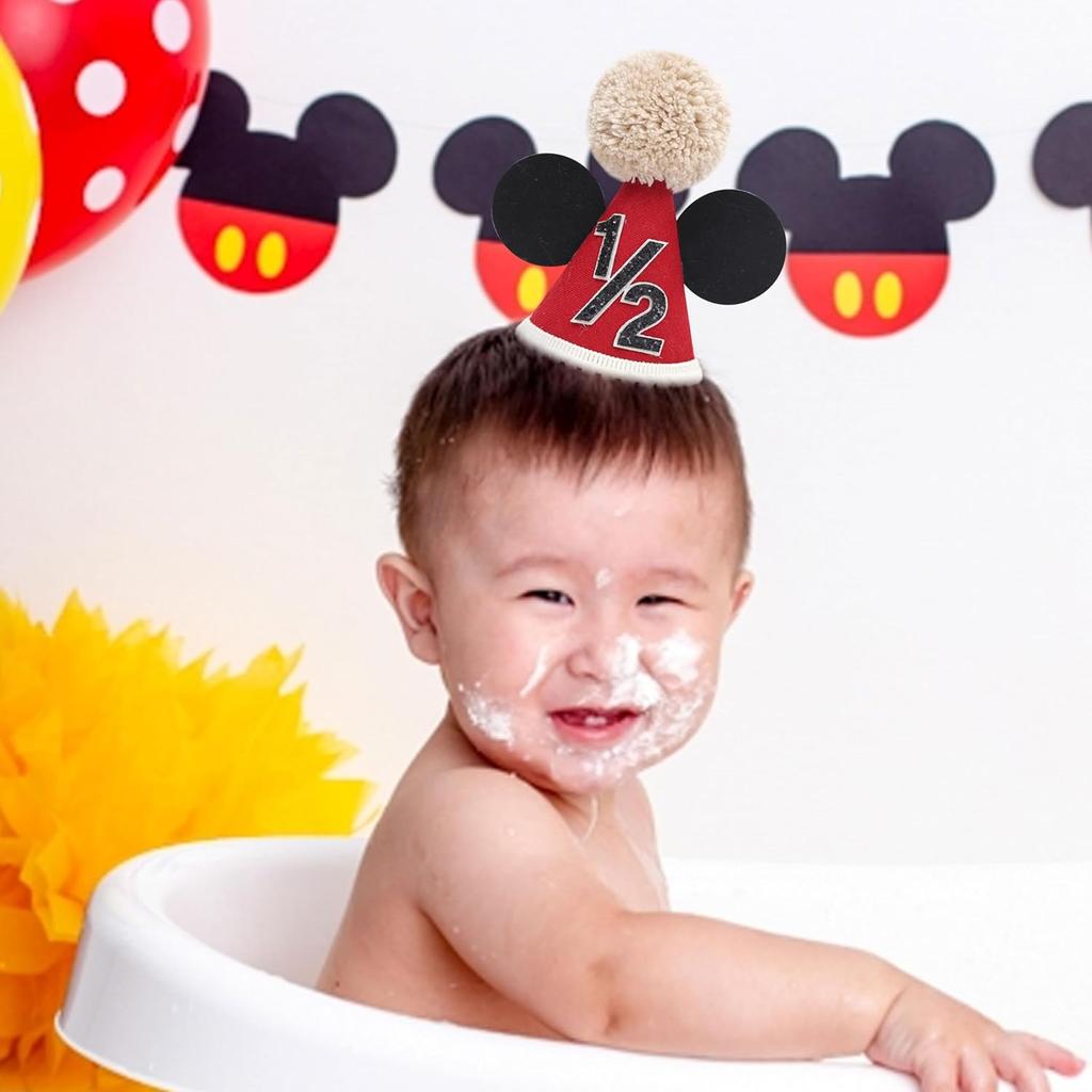 Mouse 1/2 Birthday Hat - Mouse Half Way To One Party Decorations,Mouse Ears Cake Smash Hat,Red Black Mouse Party Hat,6 Months Birthday Photo Props