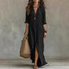 LYRIA Freizeit Langarm Locker Maxikleid Damen Sommer Einfarbig Umlegekragen Strand Lange Kleider Elegant Vestidos