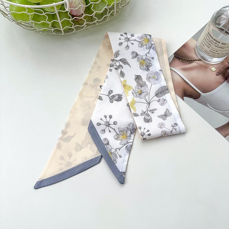 2025 Korean Fashion Flowers Pattern Women Twill Decorative Ribbon Small Scarf Binding Bag Handle Ribbon Hair Band Small Scarf