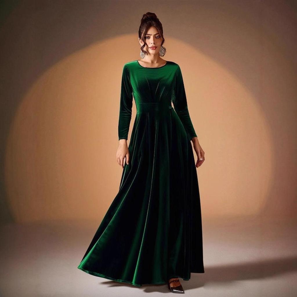 Plus Size Women's Gold Velvet Pleated Evening Gown, Long Sleeve Dress (2026 Collection)