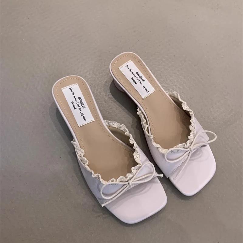 

Fashion Women s Sweet Lace Open-toed Sandals Comfortable Low Square Head Sweet Butterfly-knot Peep Toe Slippers Heels Party Slide Shoes 35