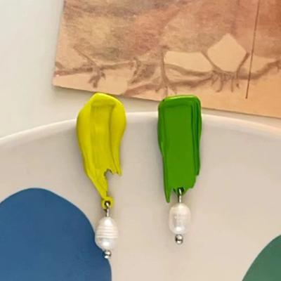 French Retro Oil Painting Colorful Asymmetrical Pearl Drop Earrings For Women Girls Unique  Romantic Jewelry Gift