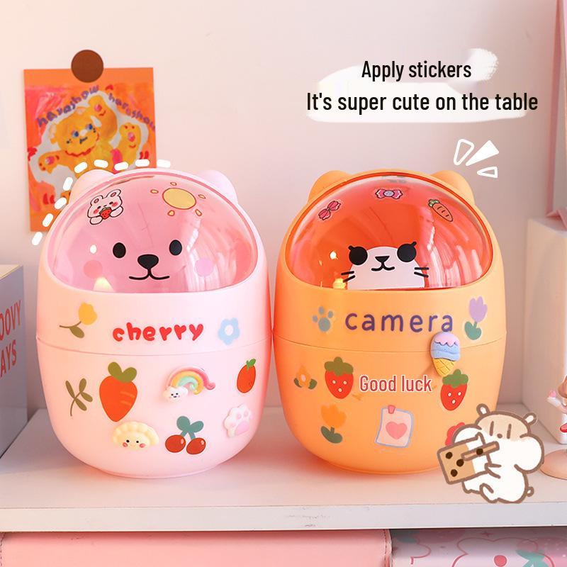 Mini Flip-Top Desktop Trash Can & Pen Holder with Lid - Cute DIY Storage for Bedroom or Office