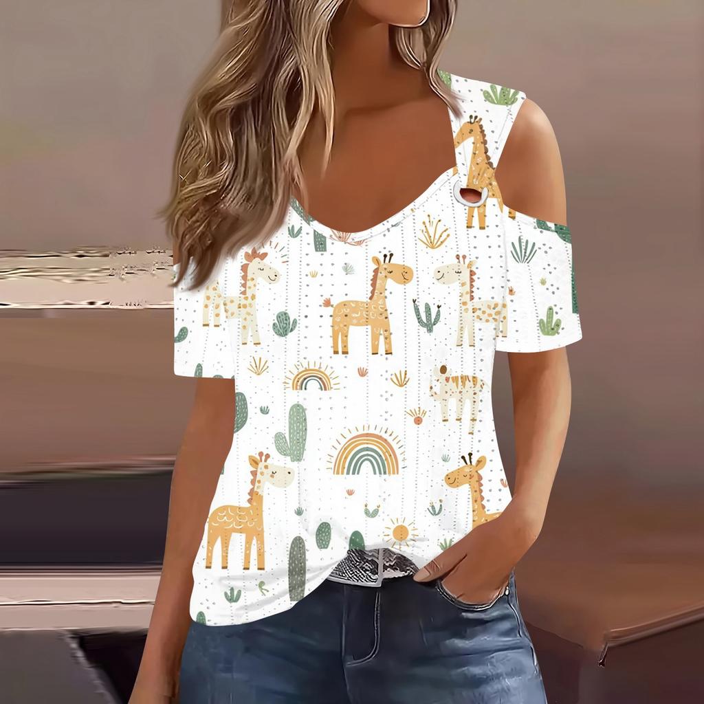 Sexy Cold Sholuder Tops For Women  Summer Hollow Out Eyelet Short Sleeve Blouse Loose V Neck Tshirt Trendy Casual Tunics