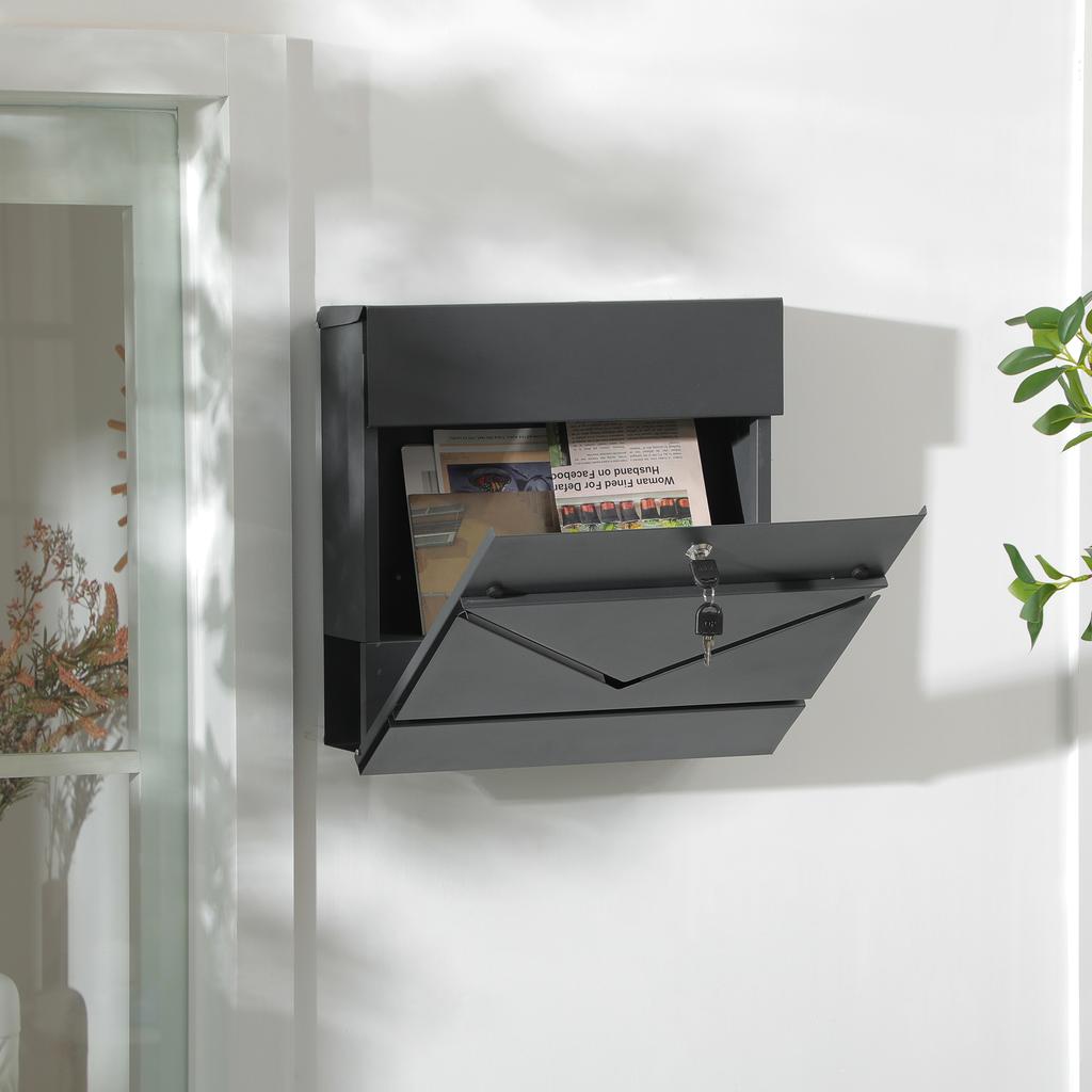 Mailbox with Lid, 2 Lower Drainage Holes, Steel, with Lock, Grey