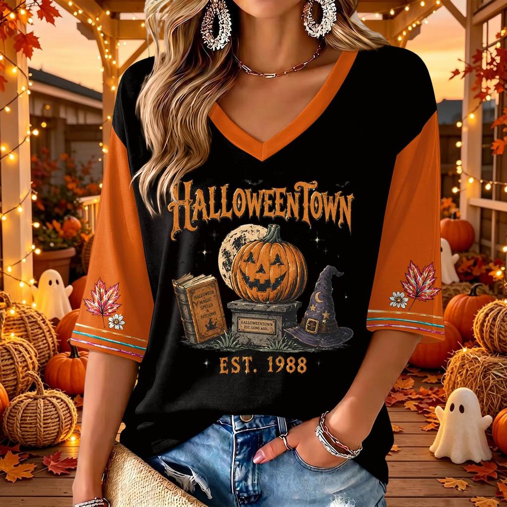 Women's V Neck Casual Three-Quarter Sleeve Halloween Print Blouse