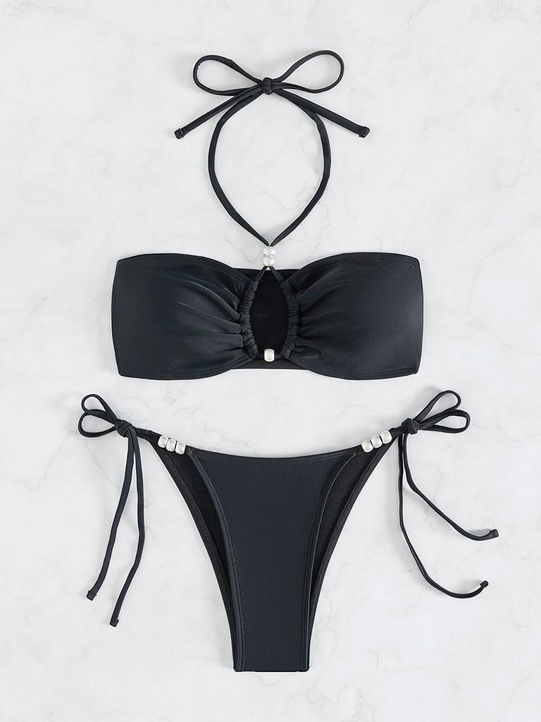 Halter Tie Pearl Decor Sexy Two Piece Bikini Set Elegant Women Swimwear