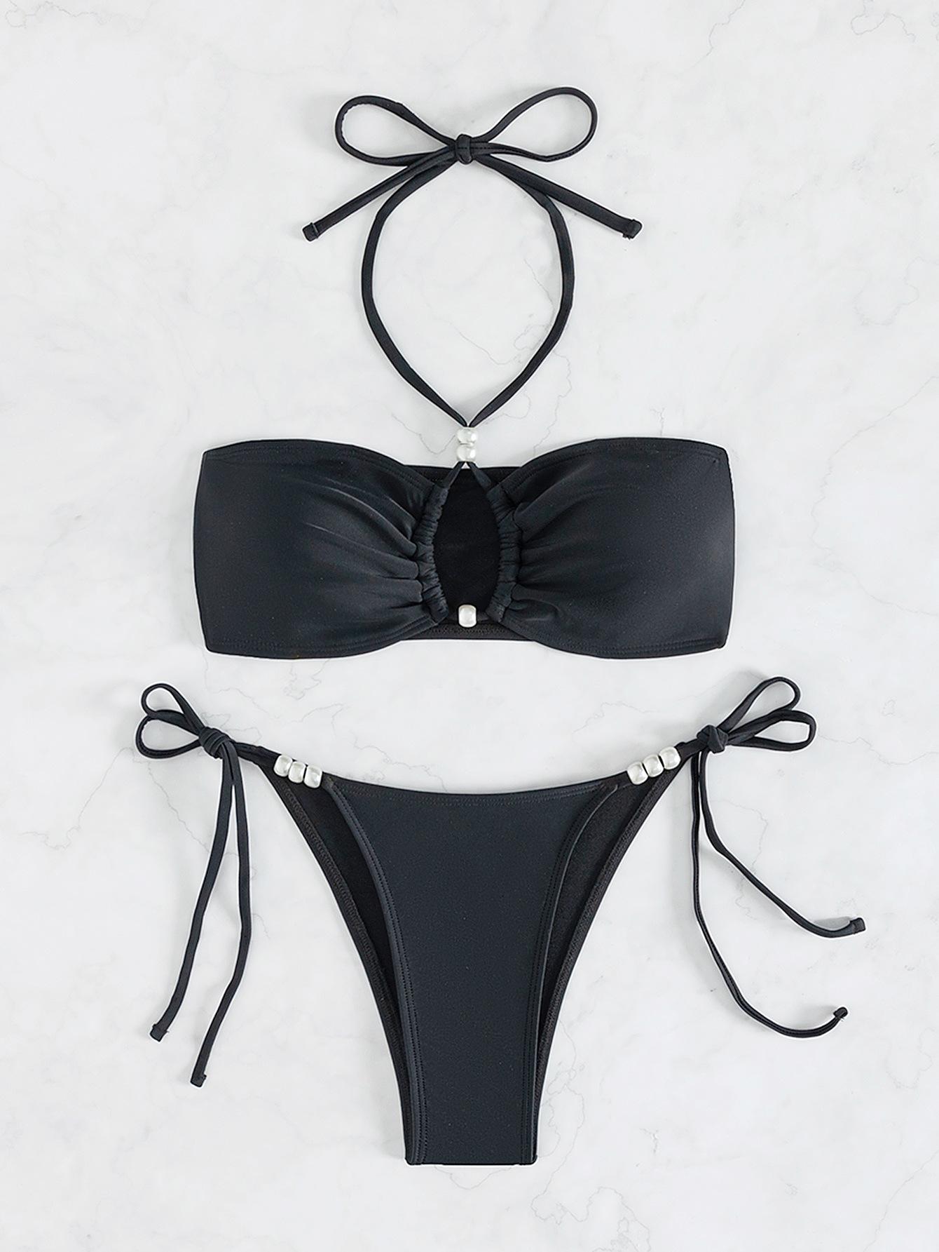 

Halter Tie Pearl Decor Sexy Two Piece Bikini Set Elegant Women Swimwear S