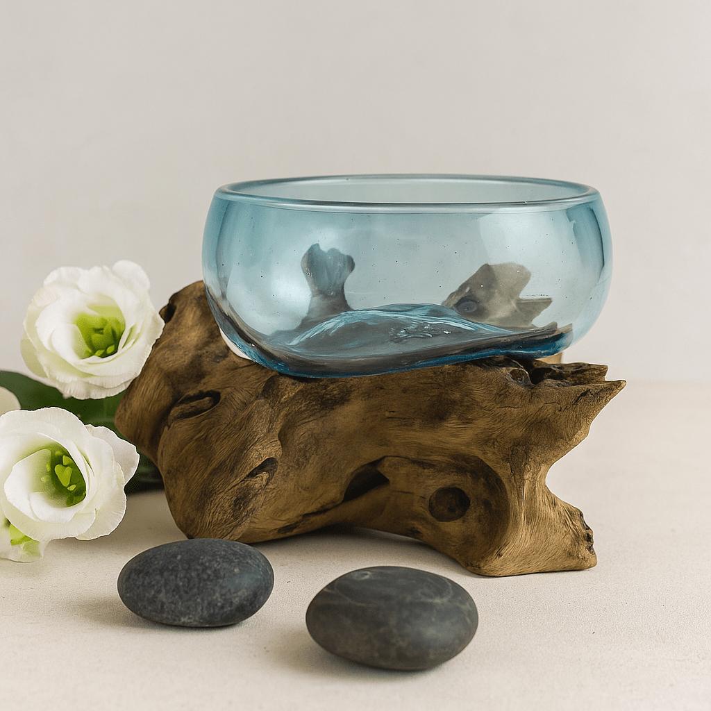 Molten Glass Bowl on Wood Mini Blue