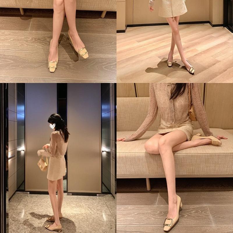 [] Workplace artifact~ Square head square buckle shallow mouth thick high heel ol single shoes women's wedding shoes commuter shoes