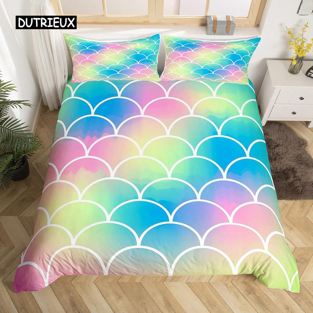 Fish Scales Duvet Cover Set Pink Fish Scales Pattern Colorful Twin Bedding Sets for Girls Women Microfiber 2/3Pieces Quilt Cover