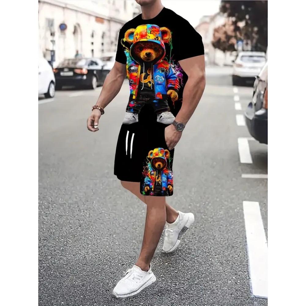 Summer Men Hip Hop Style Printed Men's Crew Neck T-shirt Shorts Set  Fashionable Cartoon Print Street Casual Everything