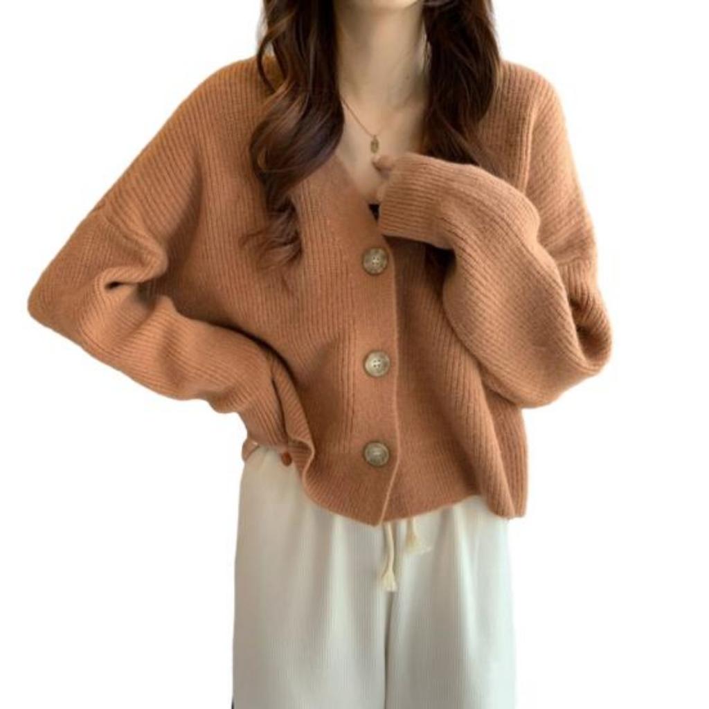 Women Autumn Winter Solid Color Knitting Sweater Coat V-neck Long Sleeve Single Breasted Loose Fit Knitting Cardigan Outwear Streetwear