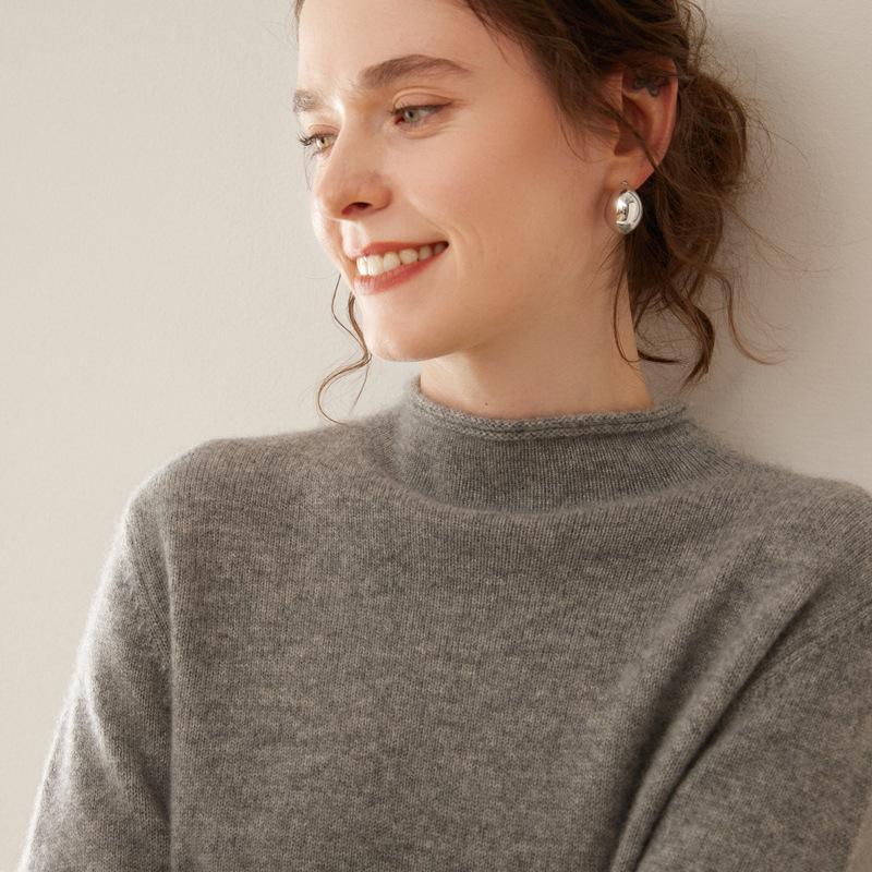 Women's Minimalist Cashmere Semi-High Neck Rolled-Edge Sweater - Loose Fit, Slimming, Long Sleeve
