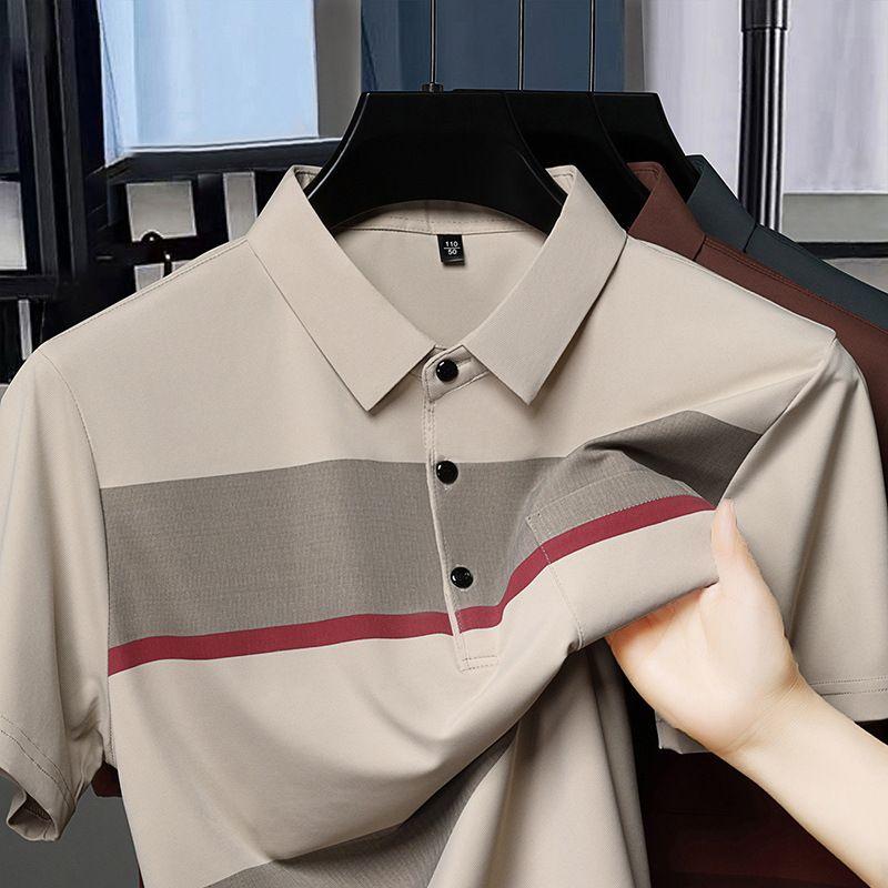 Men's Striped Short Sleeve Polo Shirt With Pocket Turn Down Collar Casual Business Breathable Summer Tops