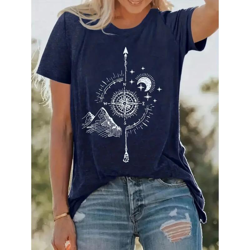 

Уличные ретро футболки свободного кроя с принтом компаса, с круглым вырезом и короткими рукавами, женские футболки XS темно-синий