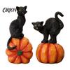 Seasonal Festive Atmosphere Props Halloween Black Cat Pumpkin Ornament, Vintage Wood Carving Style Sculpture with Resin Figurine, Spooky Tabletop