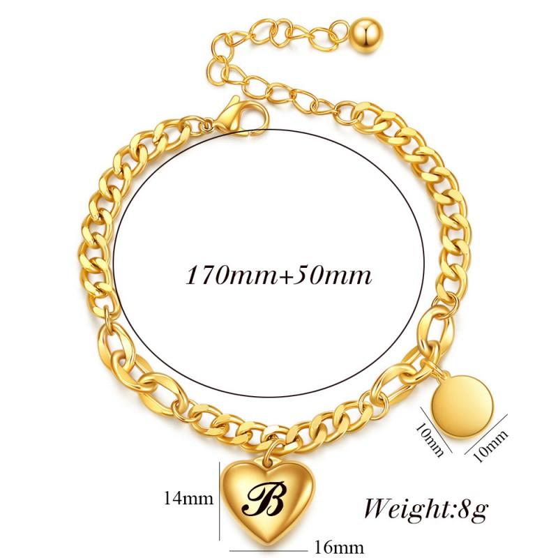 Edelstahl Cuban Link Armband mit graviertem Herz-Anhänger Buchstaben-Buchstaben-Scheibe Damen