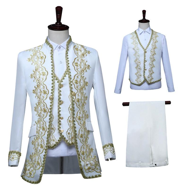 European Gold-encrusted Vintage Court Tuxedo Men's Stand-up Collar Embroidered Suit Three-piece Set Opera House Stage Costumes