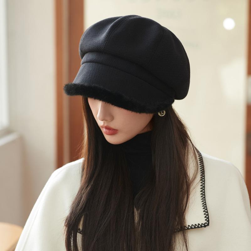 Autumn and Winter Hats for Women with High End Thick Plush Edge Octagonal Hat Solid Color Versatile Baseball Cap Warm Newspaper Baby Hat