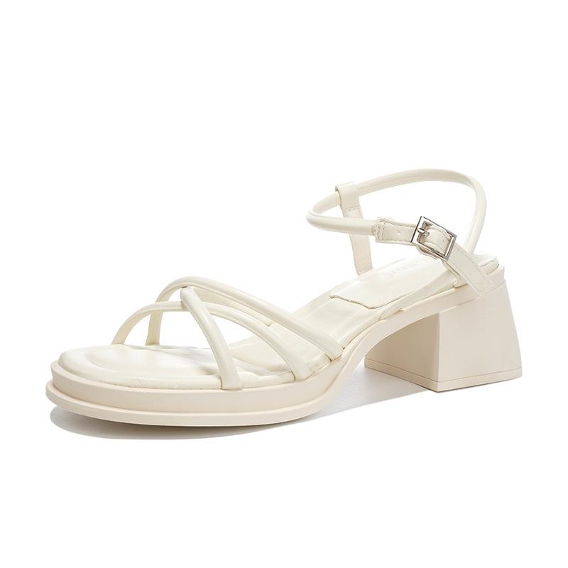 Roman Sandals Women's Summer New Versatile Fairy Style Thick Heel Soft Sole Word with Open Toe Middle Heel Sandals