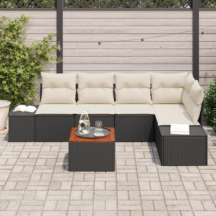 VidaXL Canapé de jardin 6 pièces avec coussins noir en poly rotin acacia 3347957