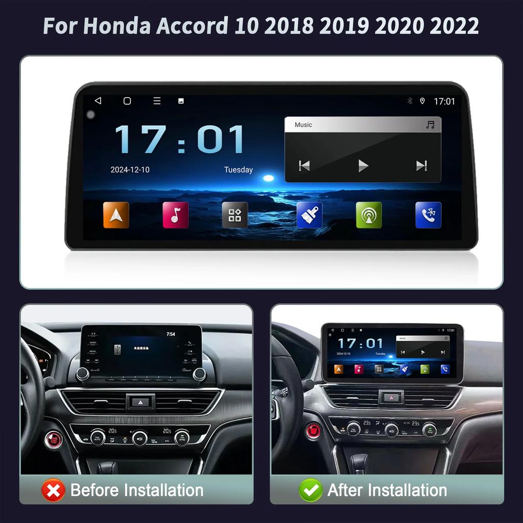 Android 14 12.3inch Screen For Honda Accord 10 2018 2019 2020 2022 Car Radio Multimedia Navigation 4G Wireless BT CarPlay Stereo