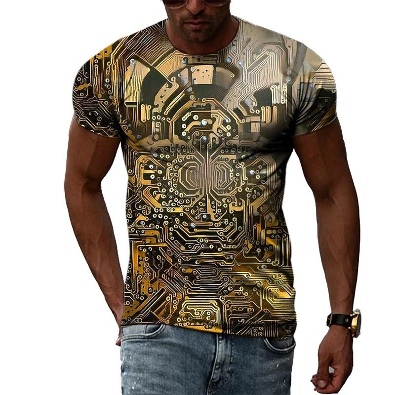 Summer Round Neck 3D Circuit Board Print T-shirts Fashionable Casual Short Sleeved Men's T-shirts