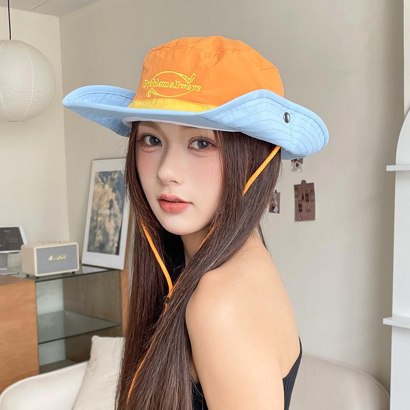 

Two-tone quick-dry hiking hat for women, suitable for spring and autumn outdoor trips, sun protection hat with drawstring, versatile wide-brimmed E-906CH Orange and light