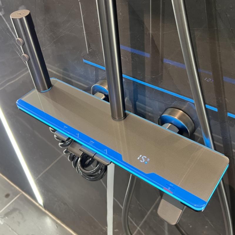 

Цифровой дисплей температуры Душевая система для ванной комнаты Полный комплект Душевая система для ванны Тропический душ Светодиодный душевой набор Смеситель горячей и холодной воды Душевой смеситель