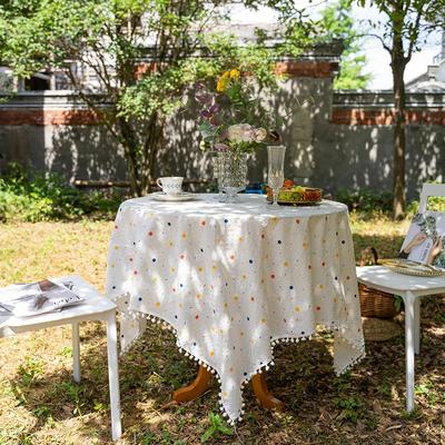 Tovaglie Rotonde con Nappe e Pompon in Tessuto di Cotone Antipolvere Copritavolo per Soggiorno Cucina Picnic Decorazioni per Tavolo