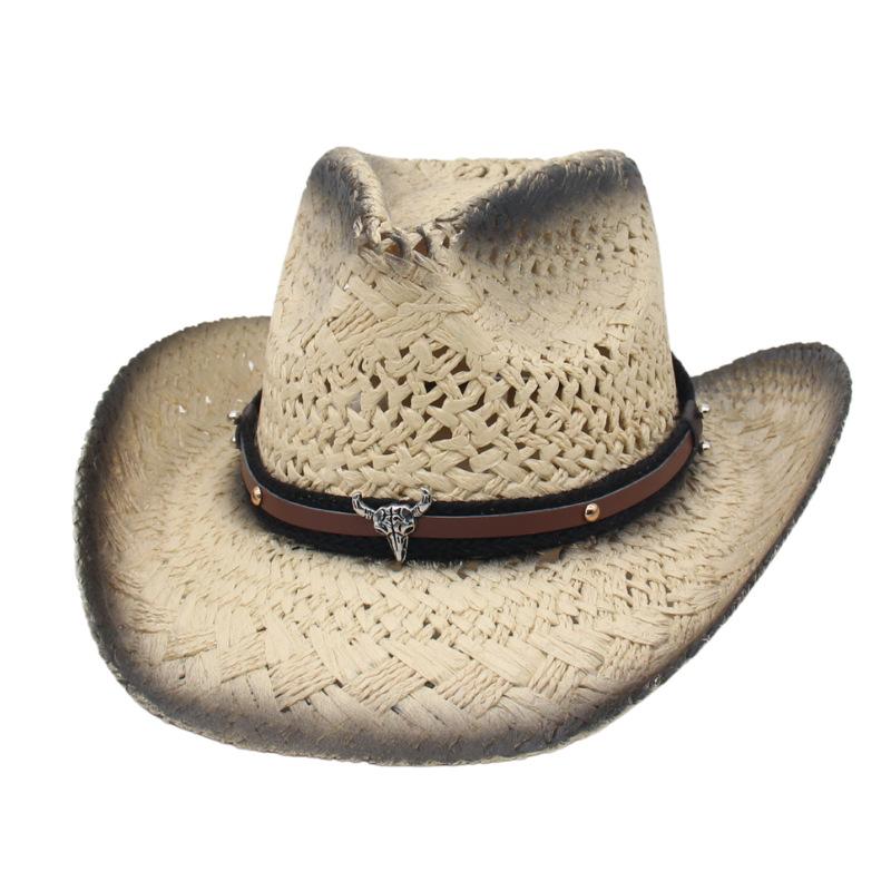 Трансграничная Шляпа Ковбоя Западная Открытая Пляжная Шляпа от Солнца Европейская и Американская Горячая Распродажа Ковбойская Цилиндрическая Шляпа Полая Изогнутый Край Шляпа от Солнца free size [spray painted straw hat]