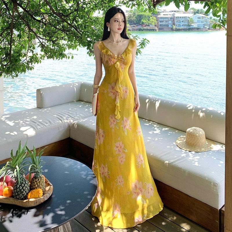 French beautiful lotus leaf edge v-neck yellow printed suspender dress fairy seaside atmosphere vacation style dress