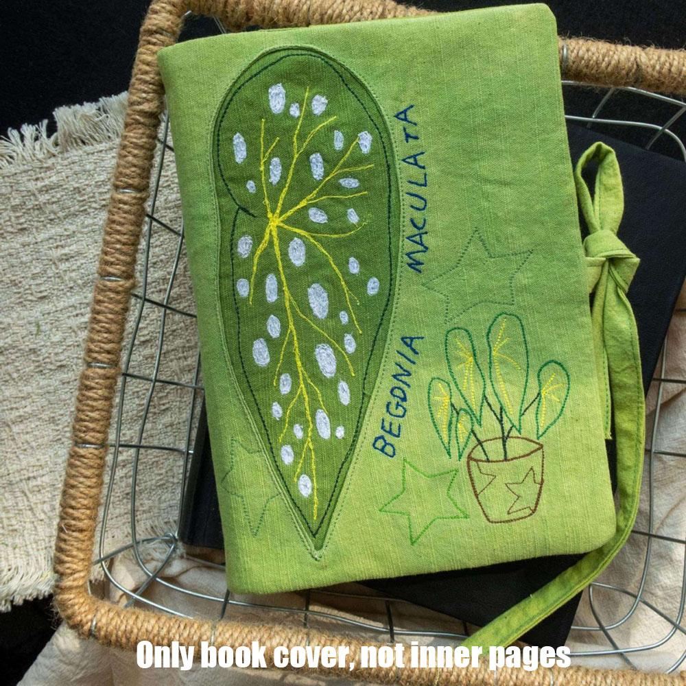 Hand-Stitched Applique Linen Book Sleeve, Begonia Maculata Embroidery A6 Journal Cover, Tie Strap Notebook Protector